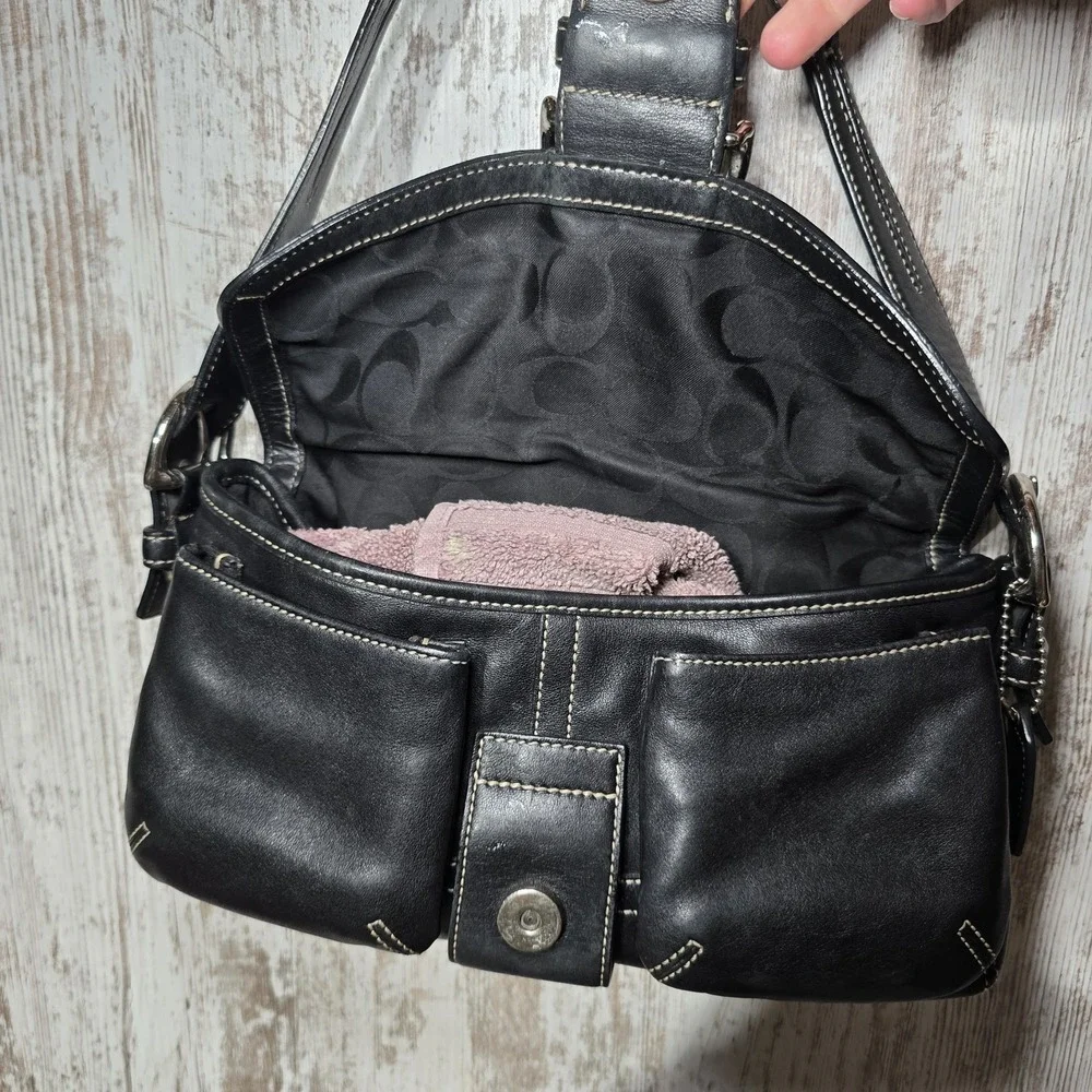 Vtg Y2k COACH #3653 Soho Flap Buckle Double Pocket W Black Leather Shoulder Bag - Picture 11 of 16